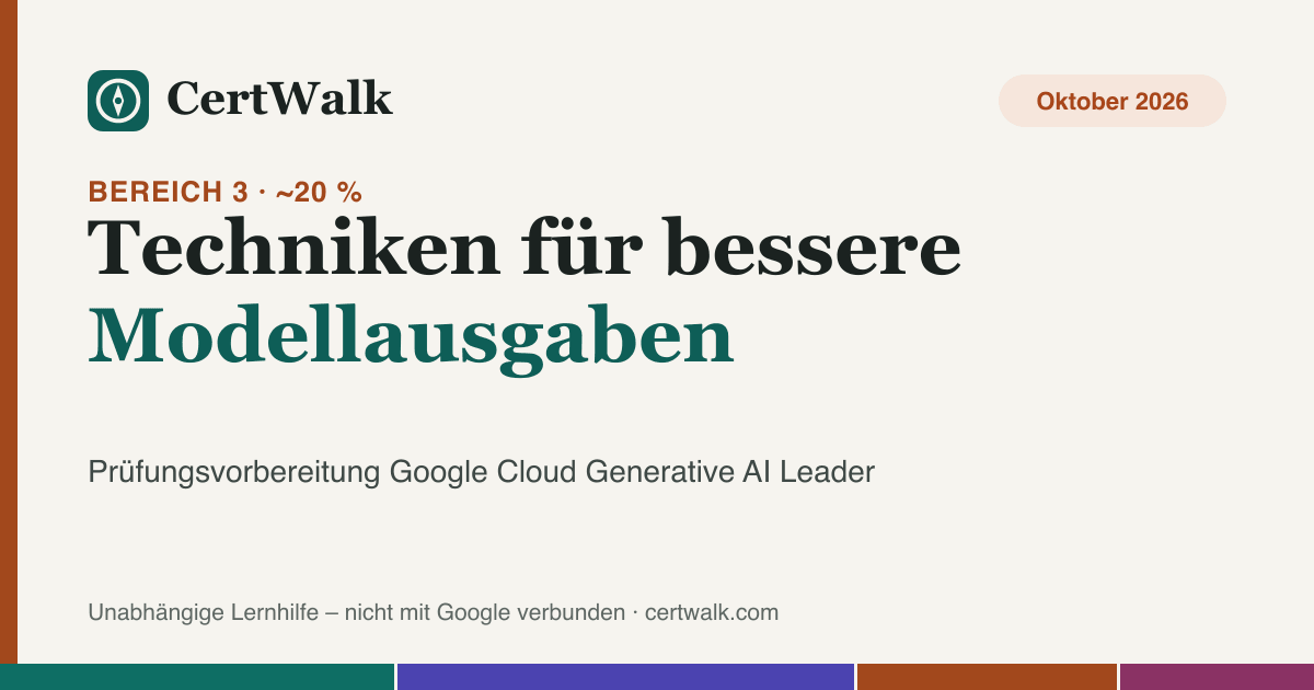Titelgrafik: Prüfungsbereich 3 – Techniken für bessere Modellausgaben (ca. 20 % der Prüfung Generative AI Leader)