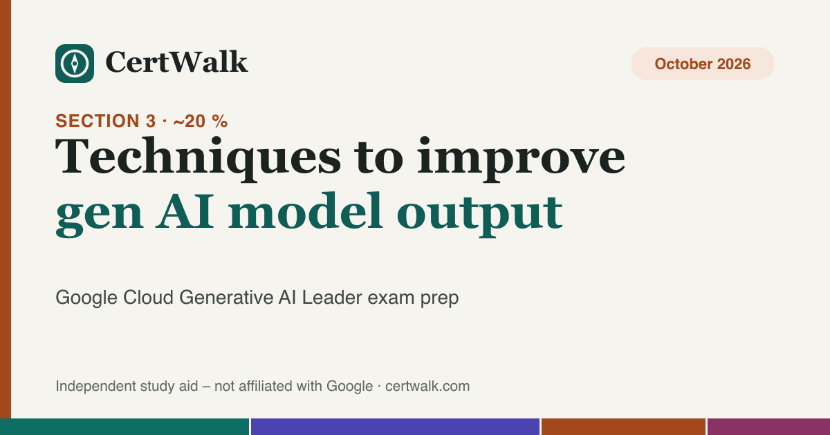 Title graphic: exam section 3 – Techniques to improve gen AI model output (approx. 20 % of the Generative AI Leader exam)