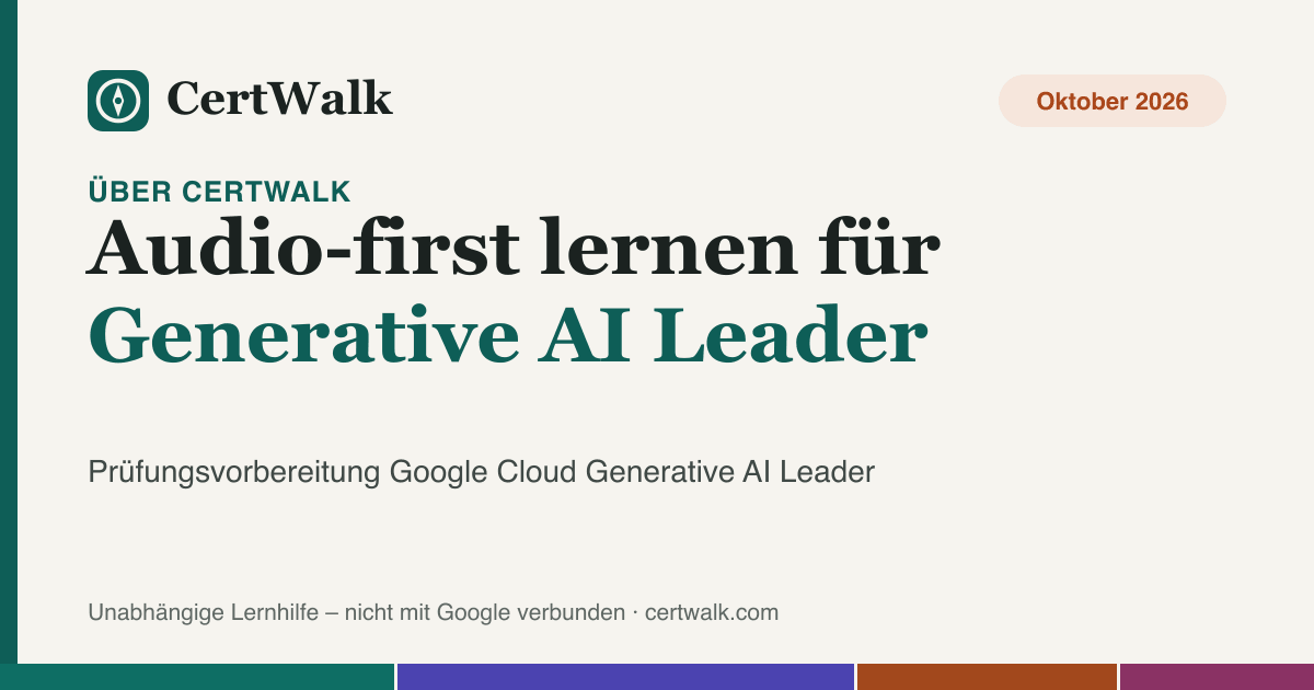 Titelgrafik: Über CertWalk – unabhängige, audio-first Lernplattform für die Prüfung Generative AI Leader